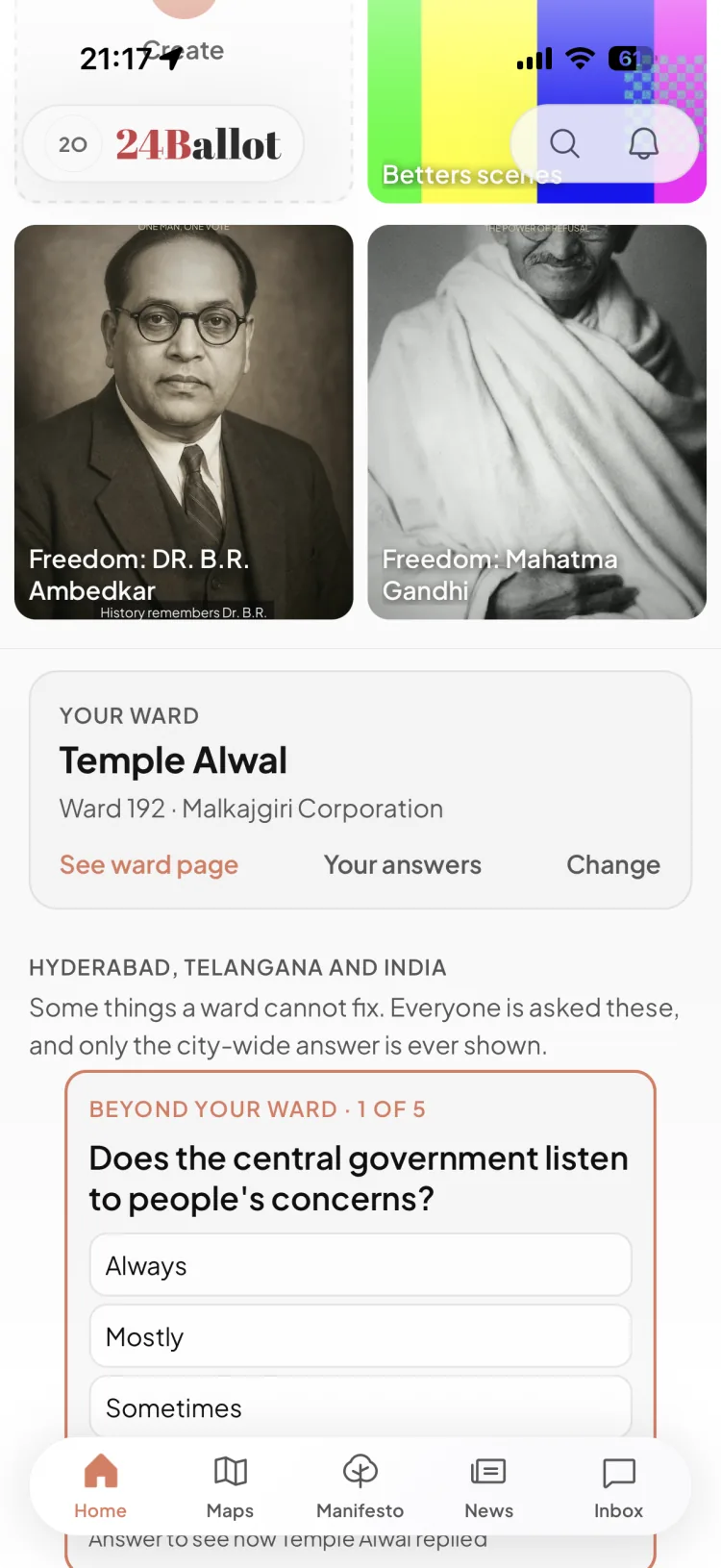 24Ballot Home screen showing your ward, Temple Alwal (Ward 192), and a city-wide question.