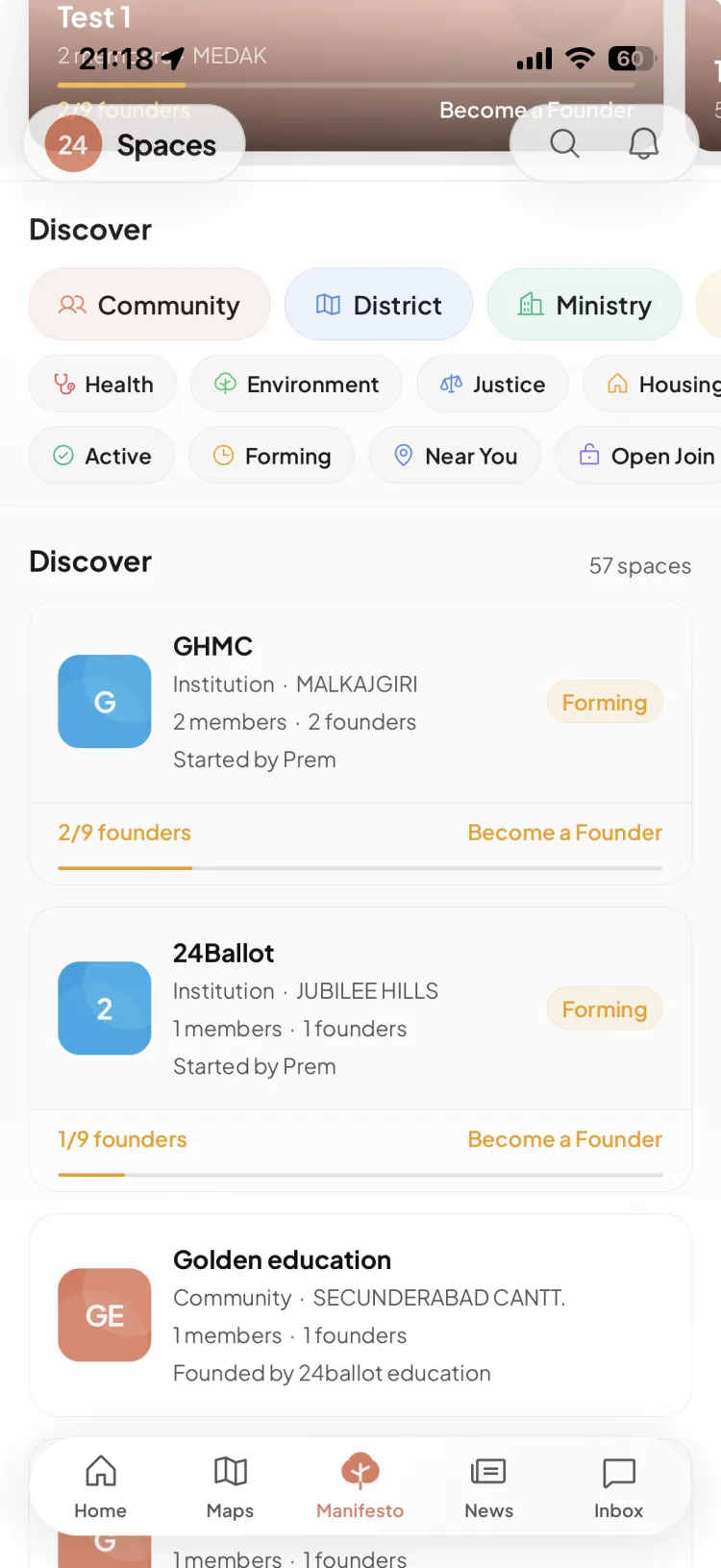 24Ballot Spaces discovery screen listing civic spaces across Hyderabad.